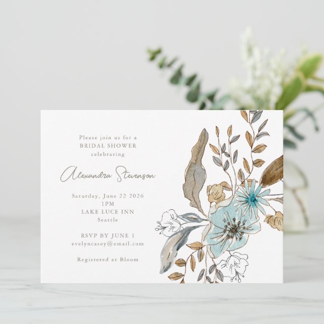 Minimalist Earthy Blue Botanical Bridal Shower Invitation (Standing Front)