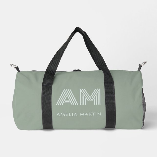 Minimalist Earthy Matcha Green Monogram Duffle Bag (Front)