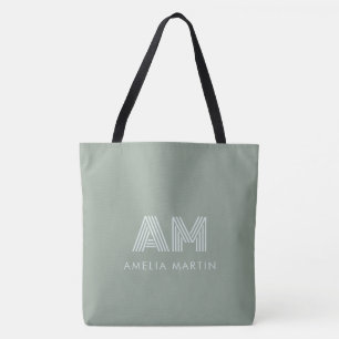 Minimalist Earthy Matcha Green Monogram Tote Bag