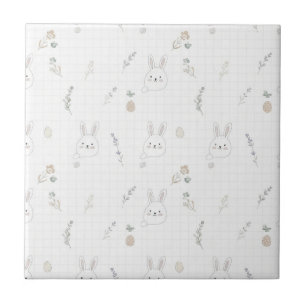 Minimalist Easter Bunny Pink Beige Grid Doodle Tile