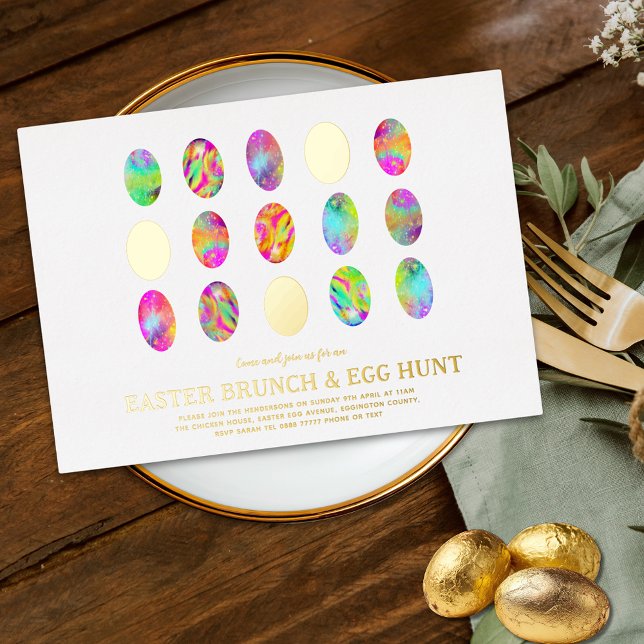 Minimalist Easter Egg Hunt Brunch Watercolor Gold (Minimalist modern Easter egg hunt spring brunch colorful  watercolor eggs gold foil invitation )