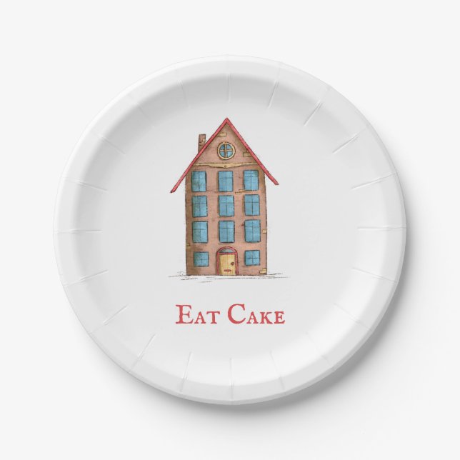 Minimalist Eat Cake Building Housewarming Party Paper Plate (Front)