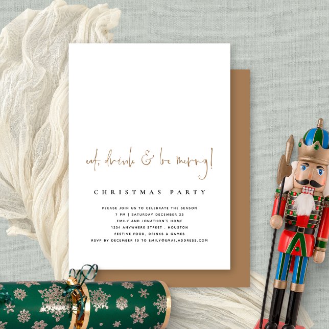 Minimalist Eat Drink Be Merry Christmas Party Gold Invitation (Front and back view. Available digially or printed)