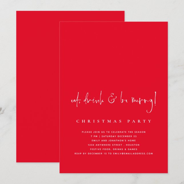 Minimalist Eat Drink Be Merry Christmas Party Red Invitation (Front/Back)
