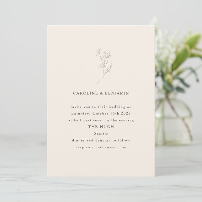 Minimalist Ecru Floral Line Art Elegant Wedding Invitation (Standing Front)
