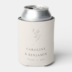Minimalist Ecru Floral Line Art Wedding Custom Can Cooler