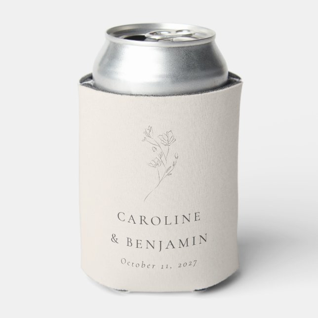 Minimalist Ecru Floral Line Art Wedding Custom Can Cooler (Can Front)