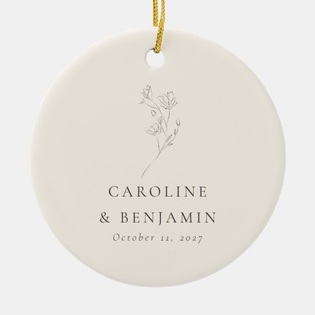 Minimalist Ecru Floral Line Art Wedding Custom Ceramic Tree Decoration (Front)