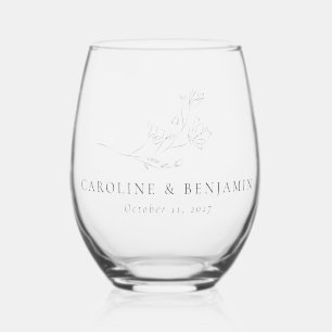 Minimalist Ecru Floral Line Art Wedding Custom Stemless Wine Glass