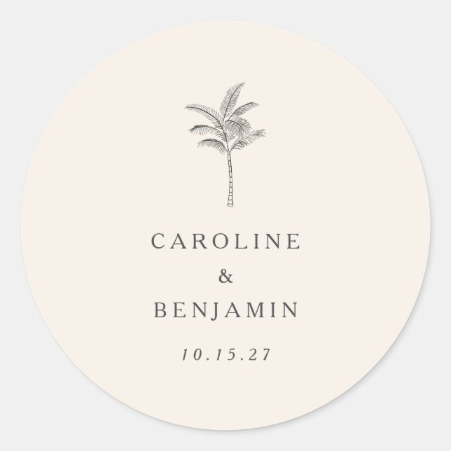 Minimalist Ecru Palm Tree Line Art Custom Wedding Classic Round Sticker (Front)