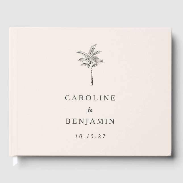 Minimalist Ecru Palm Tree Line Art Custom Wedding Guest Book (Front)