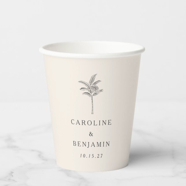 Minimalist Ecru Palm Tree Line Art Custom Wedding Paper Cups (Front)