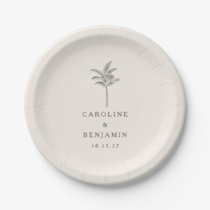 Minimalist Ecru Palm Tree Line Art Custom Wedding Paper Plate