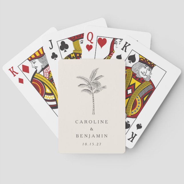 Minimalist Ecru Palm Tree Line Art Custom Wedding Playing Cards (Back)