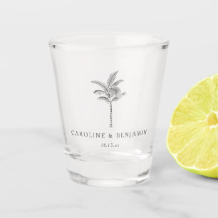 Minimalist Ecru Palm Tree Line Art Custom Wedding Shot Glass