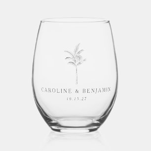 Minimalist Ecru Palm Tree Line Art Custom Wedding Stemless Wine Glass