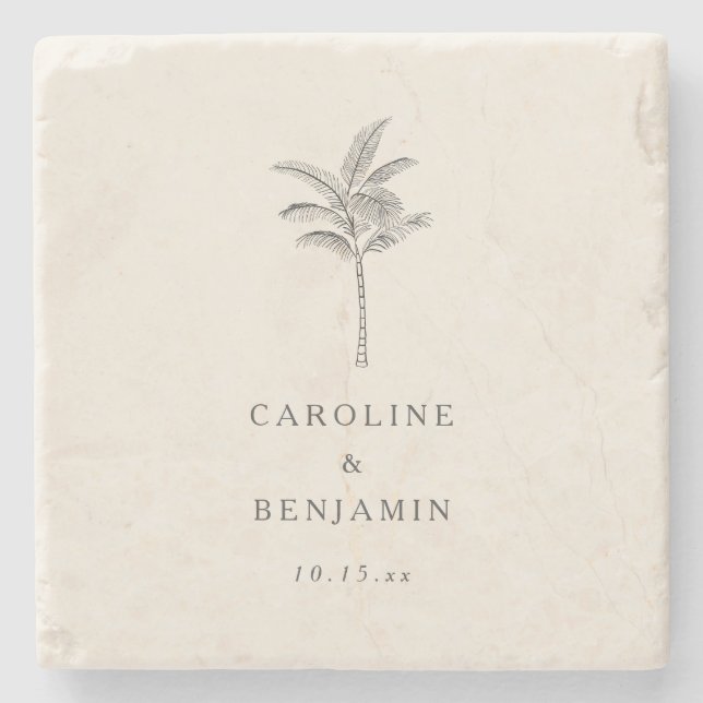 Minimalist Ecru Palm Tree Line Art Custom Wedding Stone Coaster (Front)