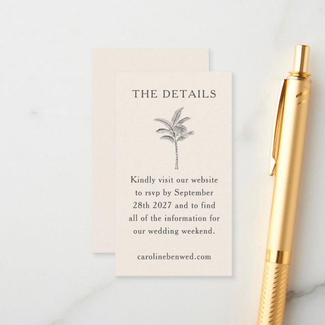 Minimalist Ecru Palm Tree Line Art Elegant Wedding Enclosure Card (Front/Back In Situ)