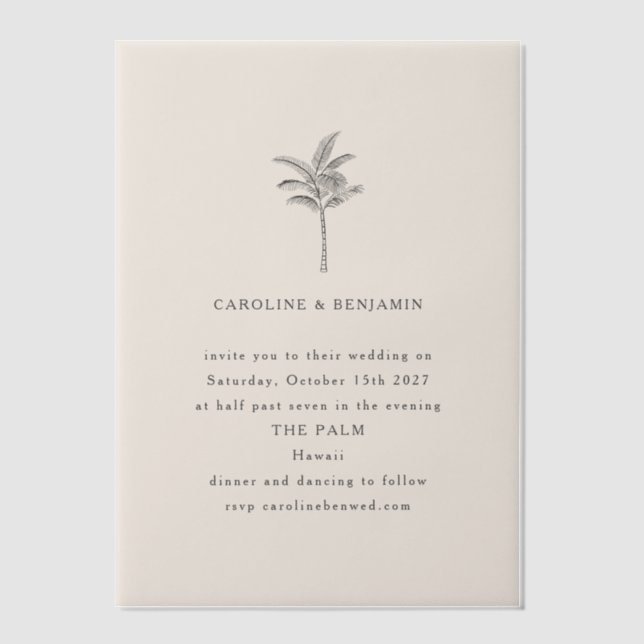 Minimalist Ecru Palm Tree Line Art Elegant Wedding Vellum Invitations (Front)