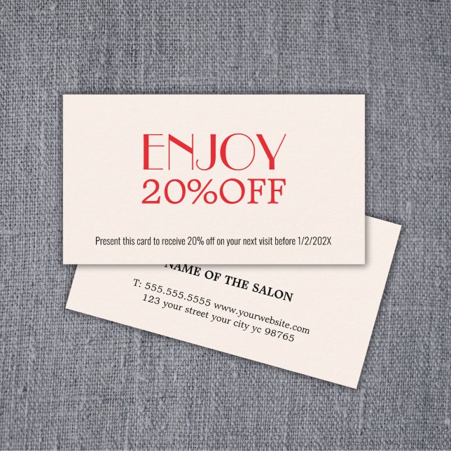 Minimalist Eggshell White Red Beauty Salon Discount Card (Creator Uploaded)