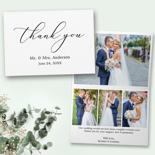 Minimalist Elegance Calligraphy 4 Photo Folded Thank You Card (Customize to change your personalized text size or text style.)