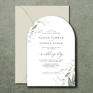 Minimalist elegance green leaves arch wedding invitation