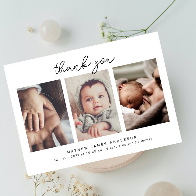 Minimalist Elegant 3 Photos Thank You Baby Shower Card (Minimalist Elegant Script 3 Photo New Baby Announcement Baby Shower Thank You Card)