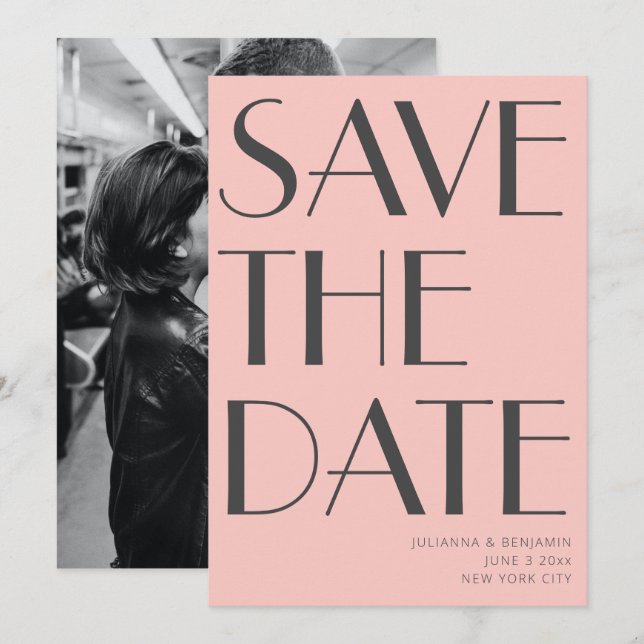 Minimalist Elegant Art Deco Photo Pink Grey Save The Date (Front/Back)