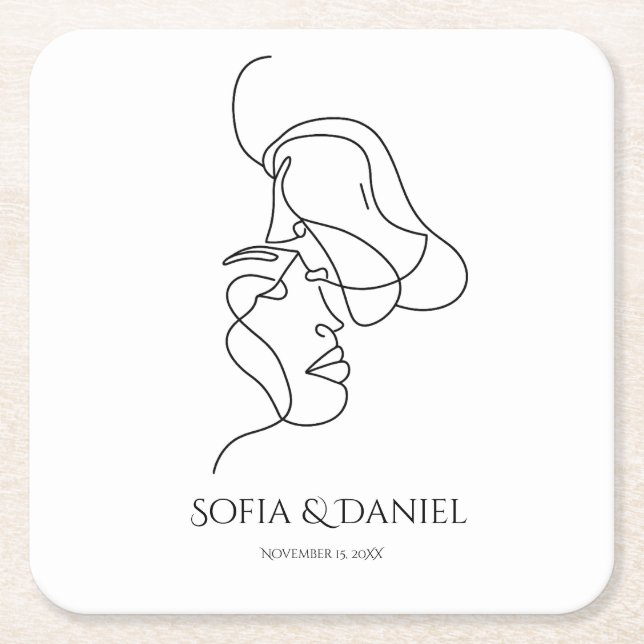 Minimalist  Elegant Artistic Linnear Wedding Square Paper Coaster (Front)