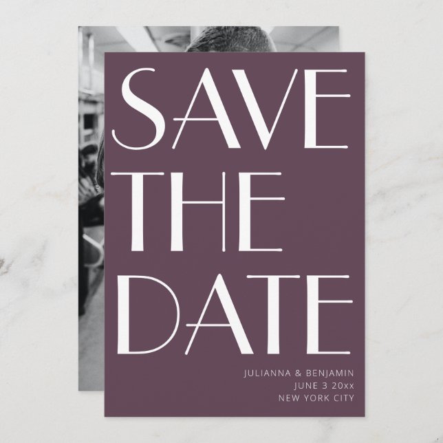 Minimalist Elegant Aubergine Art Deco Photo Save The Date (Front/Back)