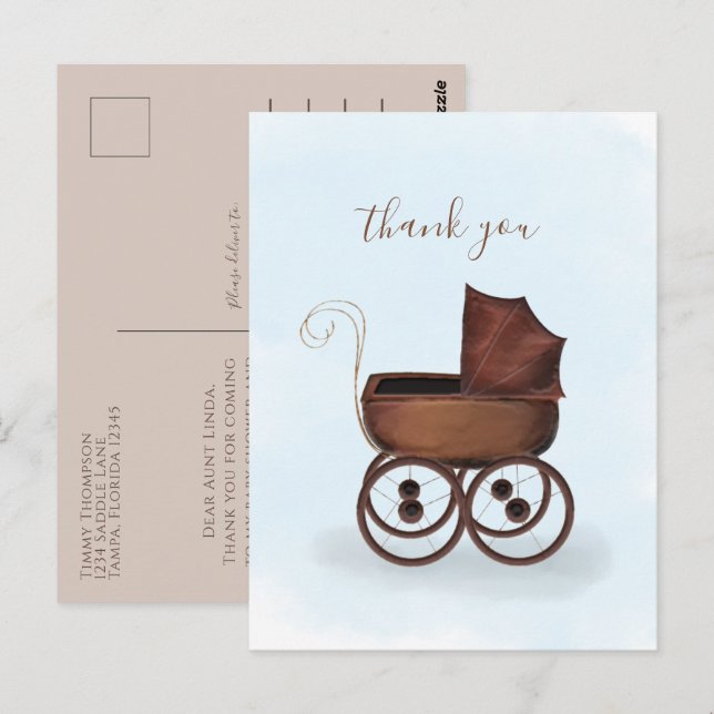 Minimalist Elegant Baby Thank You Carriage Blue Postcard (Front/Back)