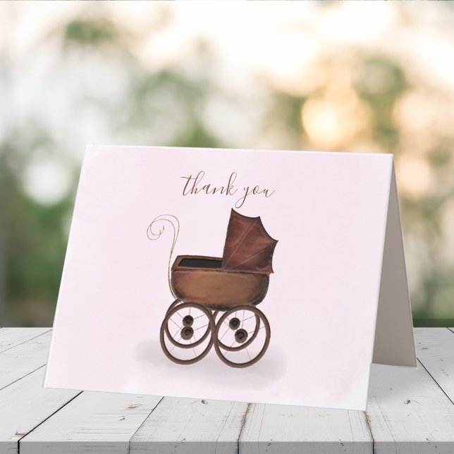 Minimalist Elegant Baby Thank You Carriage Pink Card (Creator Uploaded)