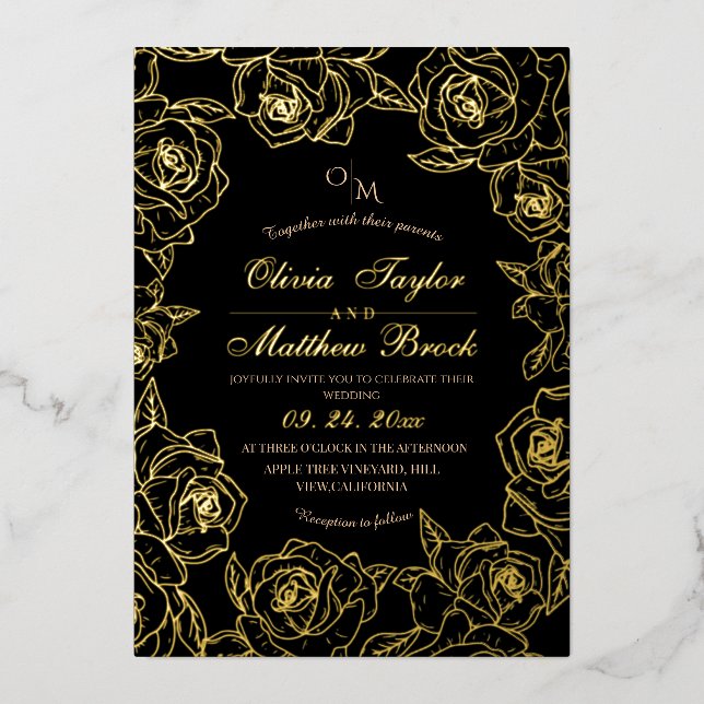 Minimalist Elegant Black and gold Flowers Wedding (Front)