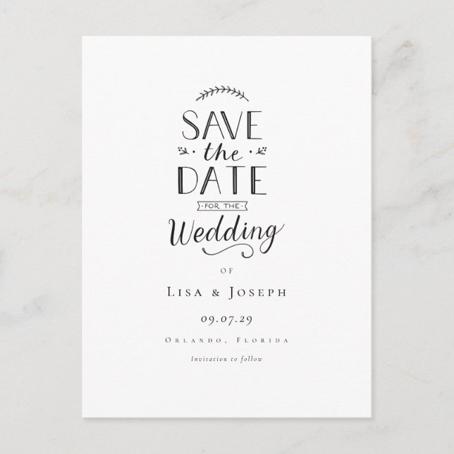 Minimalist Elegant Black and White Save the Date Postcard (Front)