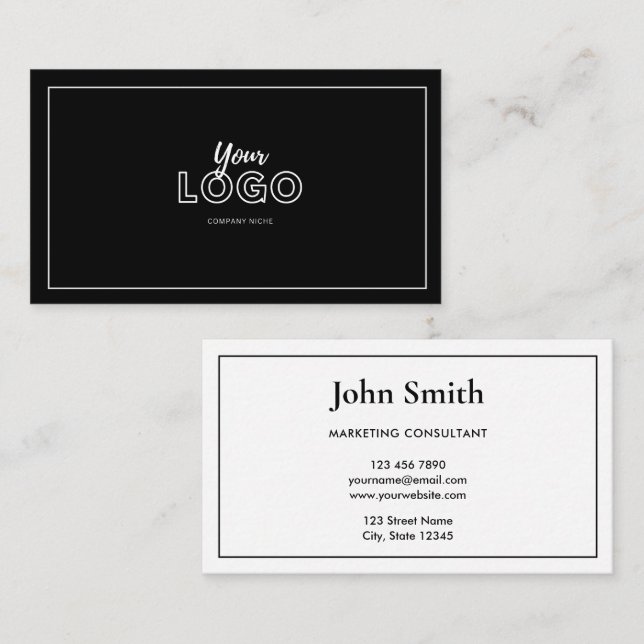 Minimalist Elegant Black and White with Logo Business Card (Front/Back)