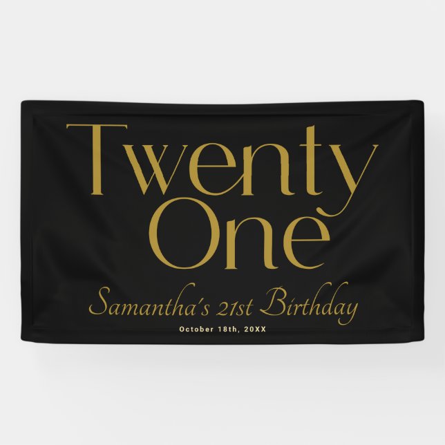 Minimalist Elegant Black Gold 21st Birthday Party Banner (Horizontal)