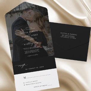 Minimalist elegant black photo wedding  all in one invitation