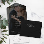 Minimalist elegant black photo wedding  all in one invitation<br><div class="desc">Modern simple minimal typography all in one invite and rsvp wedding seal and send black invitation template featuring a chic trendy elegant calligraphy script.              Easy to personalise with your photo and details on both sides! The invitation is suitable for classic formal stylish weddings.</div>