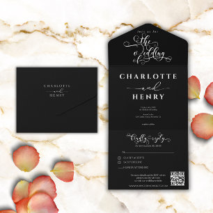 Minimalist Elegant Black QR Code Wedding All In One Invitation