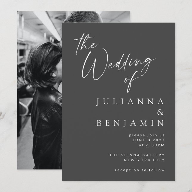 Minimalist Elegant Black Script Photo Wedding  Invitation (Front/Back)