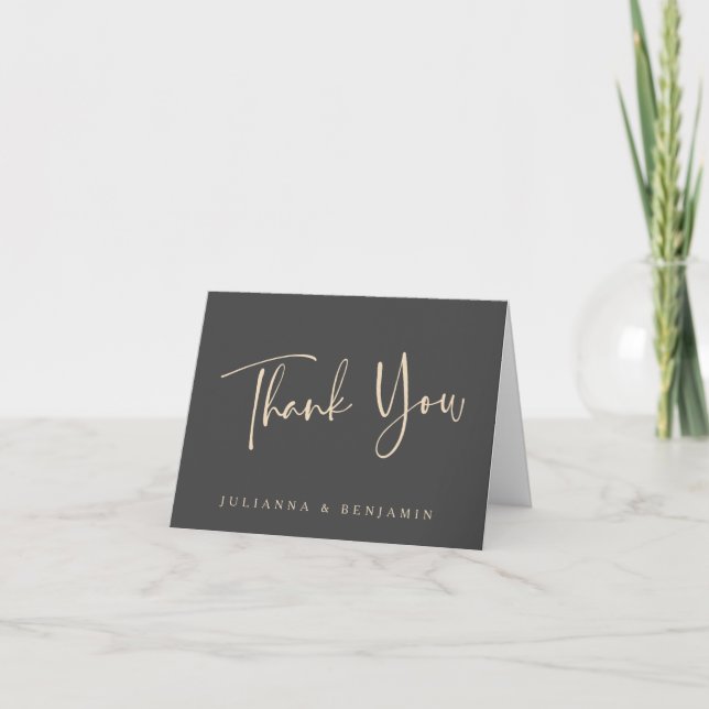 Minimalist Elegant Black Script Wedding Folded Thank You Card (Front)