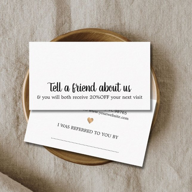 Minimalist Elegant Black White Faux Gold Heart Referral Card (Creator Uploaded)