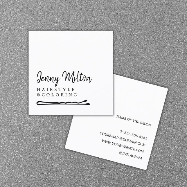 Minimalist Elegant Black White Hair Bobby Pin Square Business Card (Creator Uploaded)