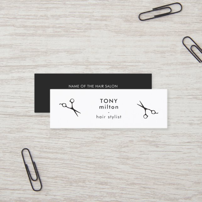 Minimalist Elegant Black White Hair Stylist Mini Business Card (Front/Back In Situ)
