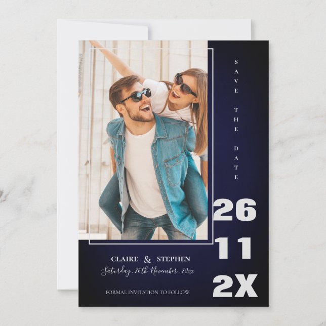 Minimalist Elegant Blue Bold Font Photo Wedding Save The Date (Front)