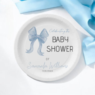Minimalist Elegant Blue Bow Boy Baby Shower Paper Plate
