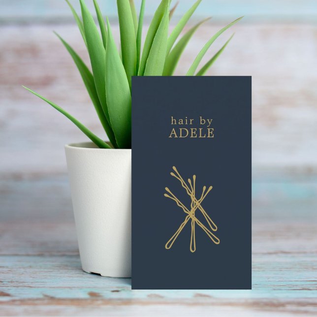 Minimalist Elegant Blue Golden Pins Hair Stylist  Business Card (Creator Uploaded)