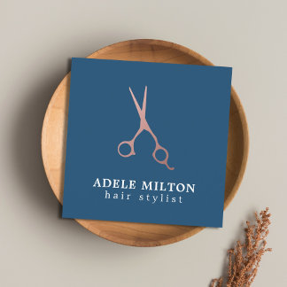 Minimalist Elegant Blue Rose Gold Hair Stylist Square Business Card