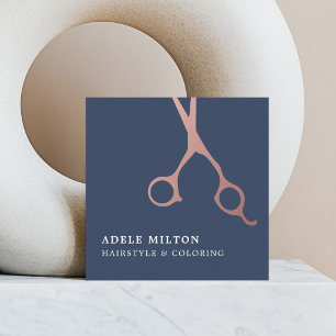 Minimalist Elegant Blue Rose Gold Hair Stylist Square Business Card