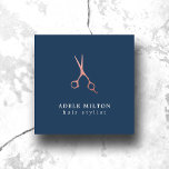Minimalist Elegant Blue Rose Gold Hair Stylist Square Business Card<br><div class="desc">Elegant customisable business card template wit rose gold scissors icon. Minimal chic design,  perfect for hair salon,  hairdresser,  hair stylist.</div>